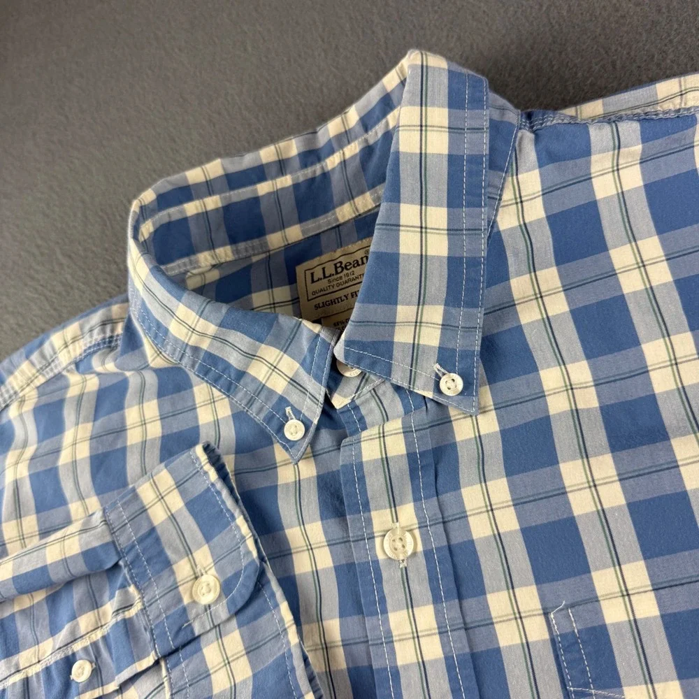 LL Bean Shirt Mens XL Blue Coolmax Wrinkle Res Plaid Oxford Slightly Fitted